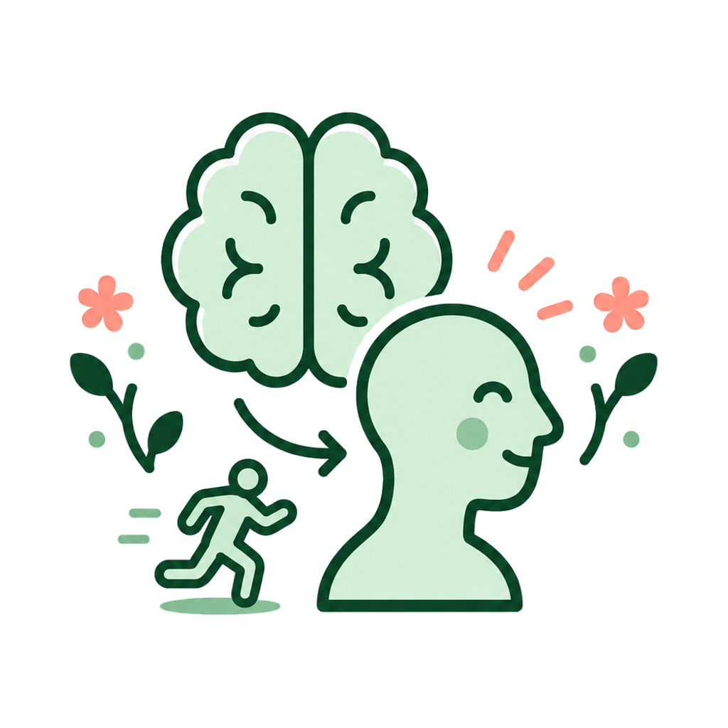 brain and behavior icon with a brain, head profile, movement figure, arrow, leaves, and flowers
