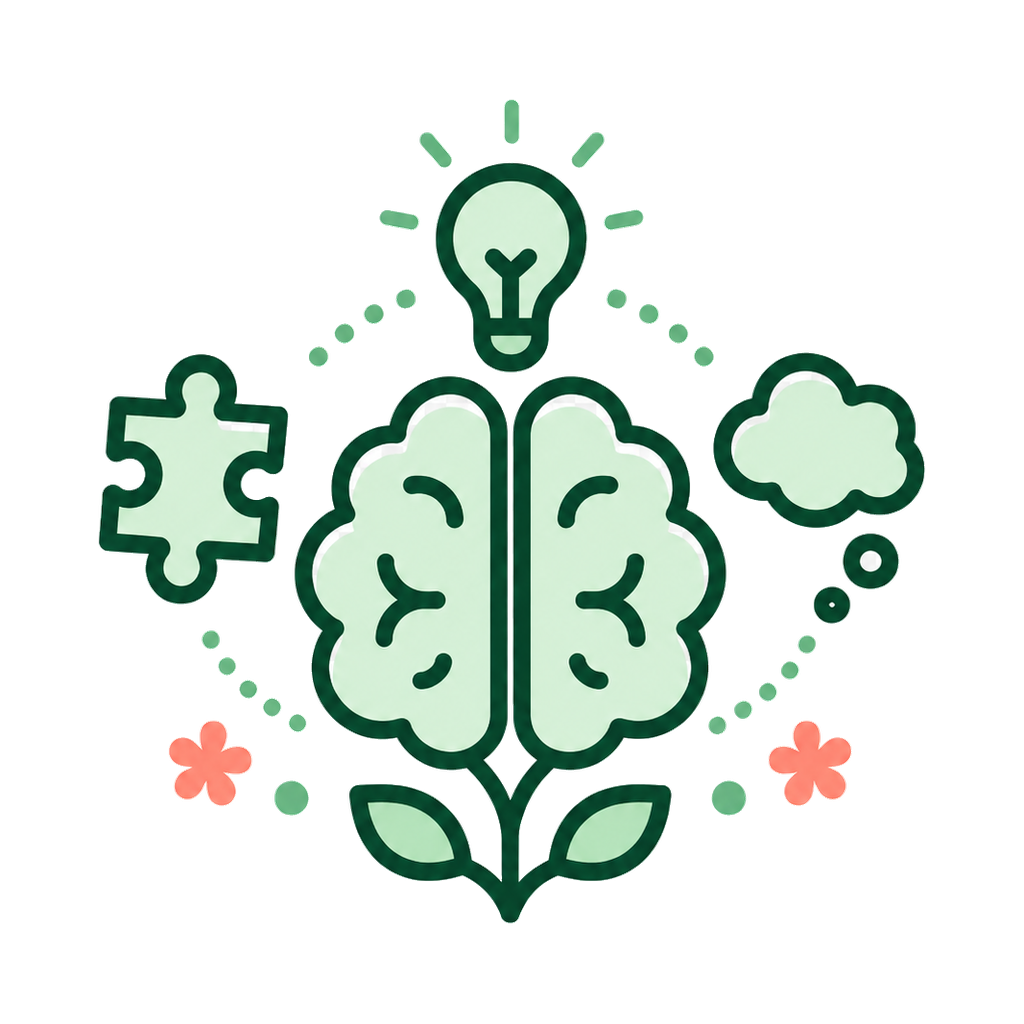 cognitive psychology icon with a brain, lightbulb, puzzle piece, thought bubble, leaves, and flowers