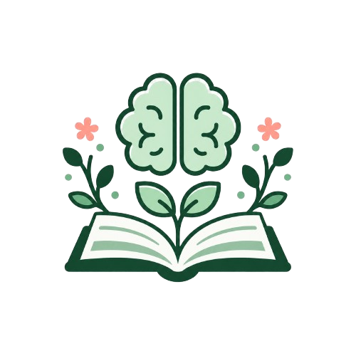 psychology basics icon with an open book, brain, sprout, leaves, and flowers
