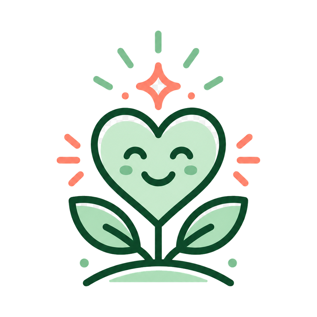 motivation and emotion icon with a smiling heart, leaves, sparkle, and soft rays