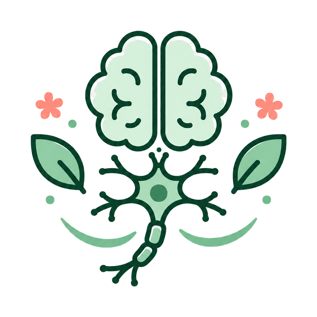 neuroscience and wellbeing icon with a brain, neuron, leaves, and flowers