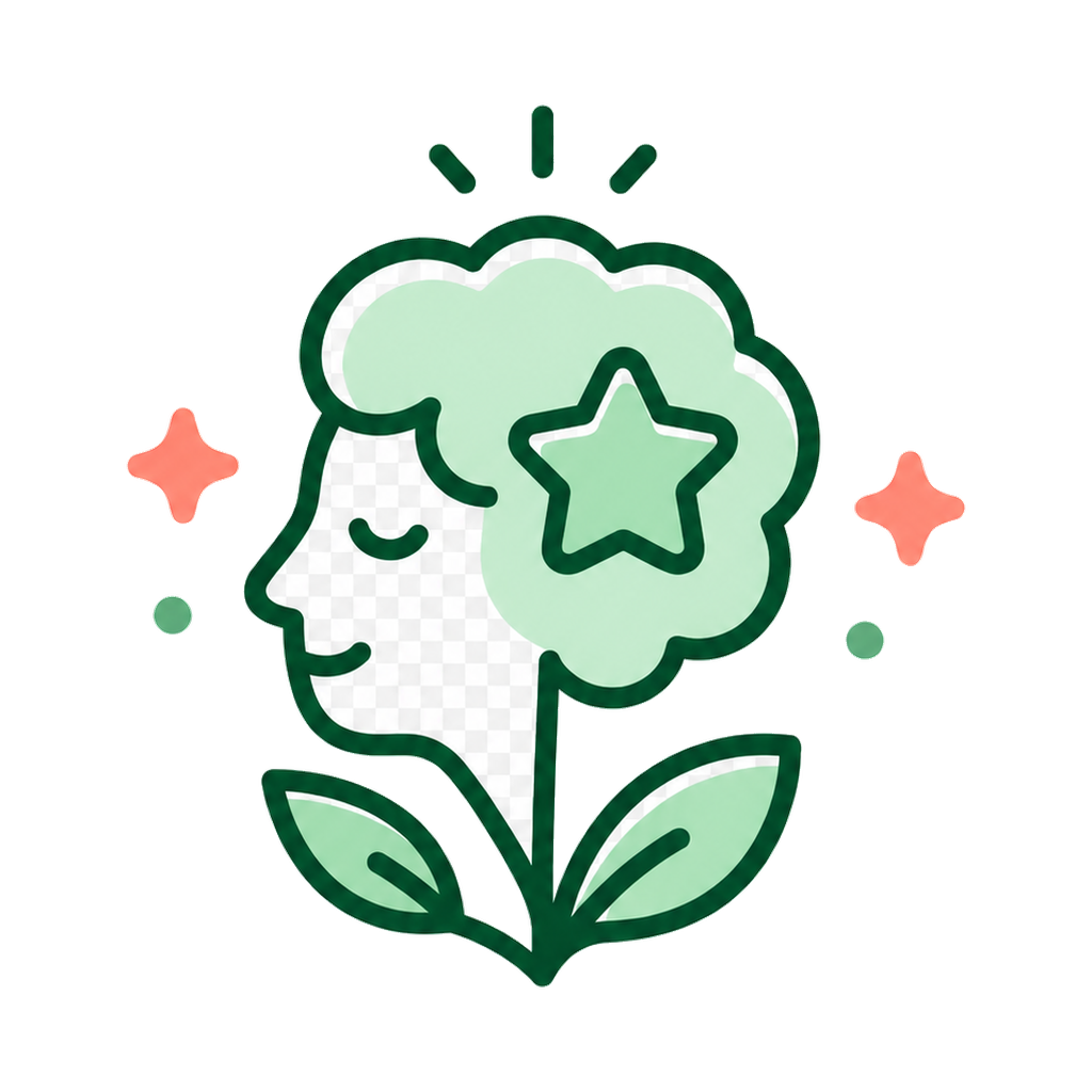 personality icon with a calm face profile, star, leaves, and soft sparkle accents