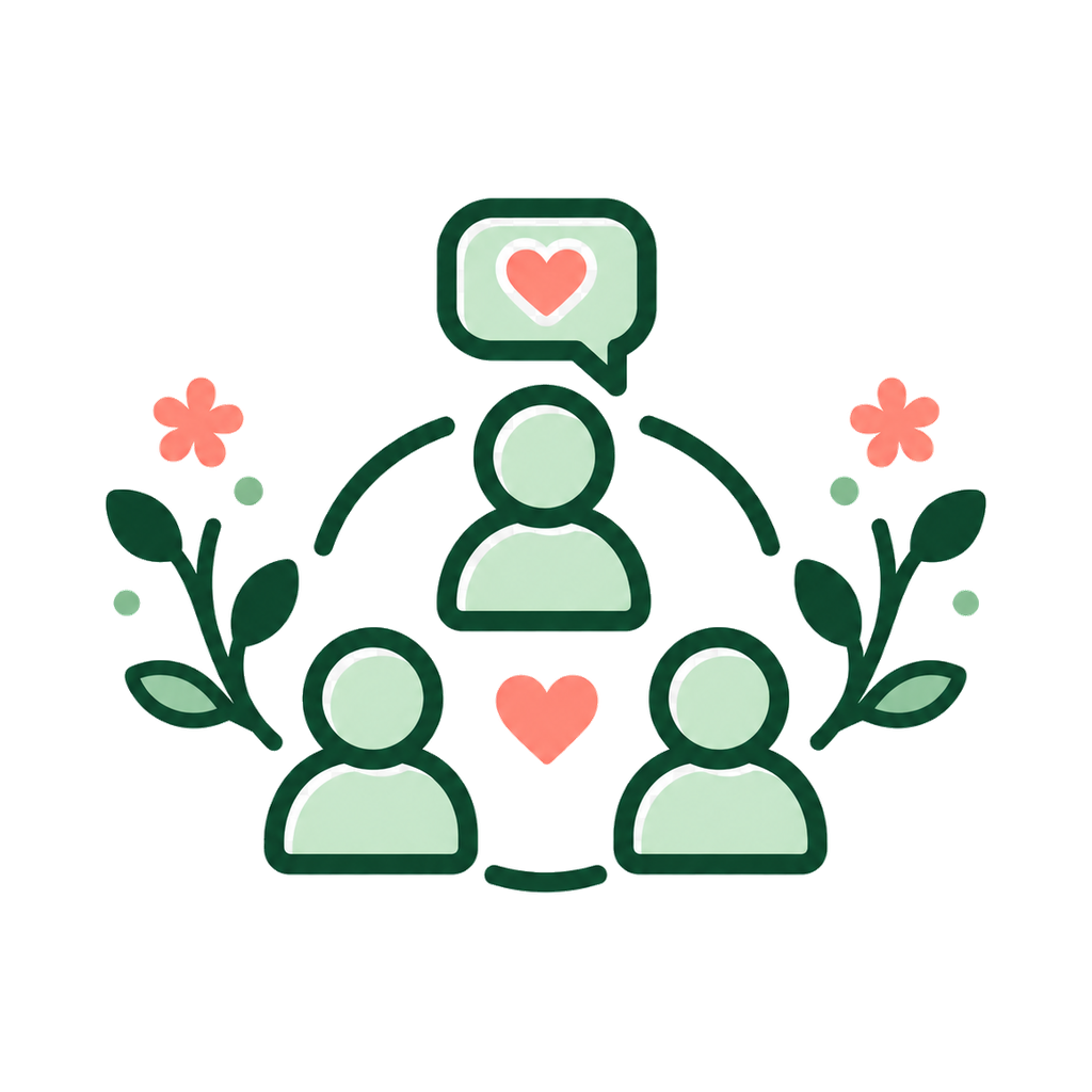 social psychology icon with three people, a heart chat bubble, leaves, and flowers