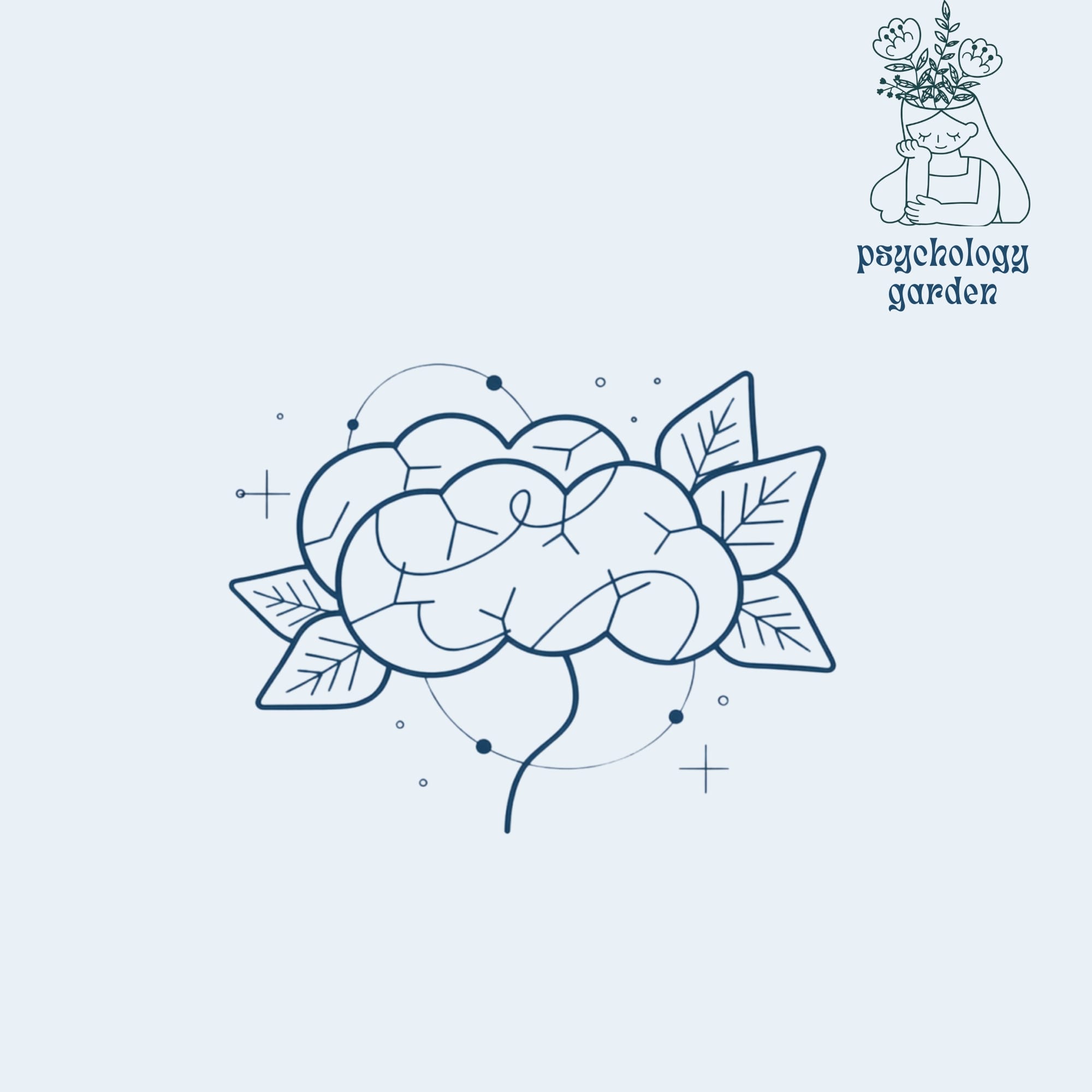 line art brain with leaves and psychology garden logo on pale blue background