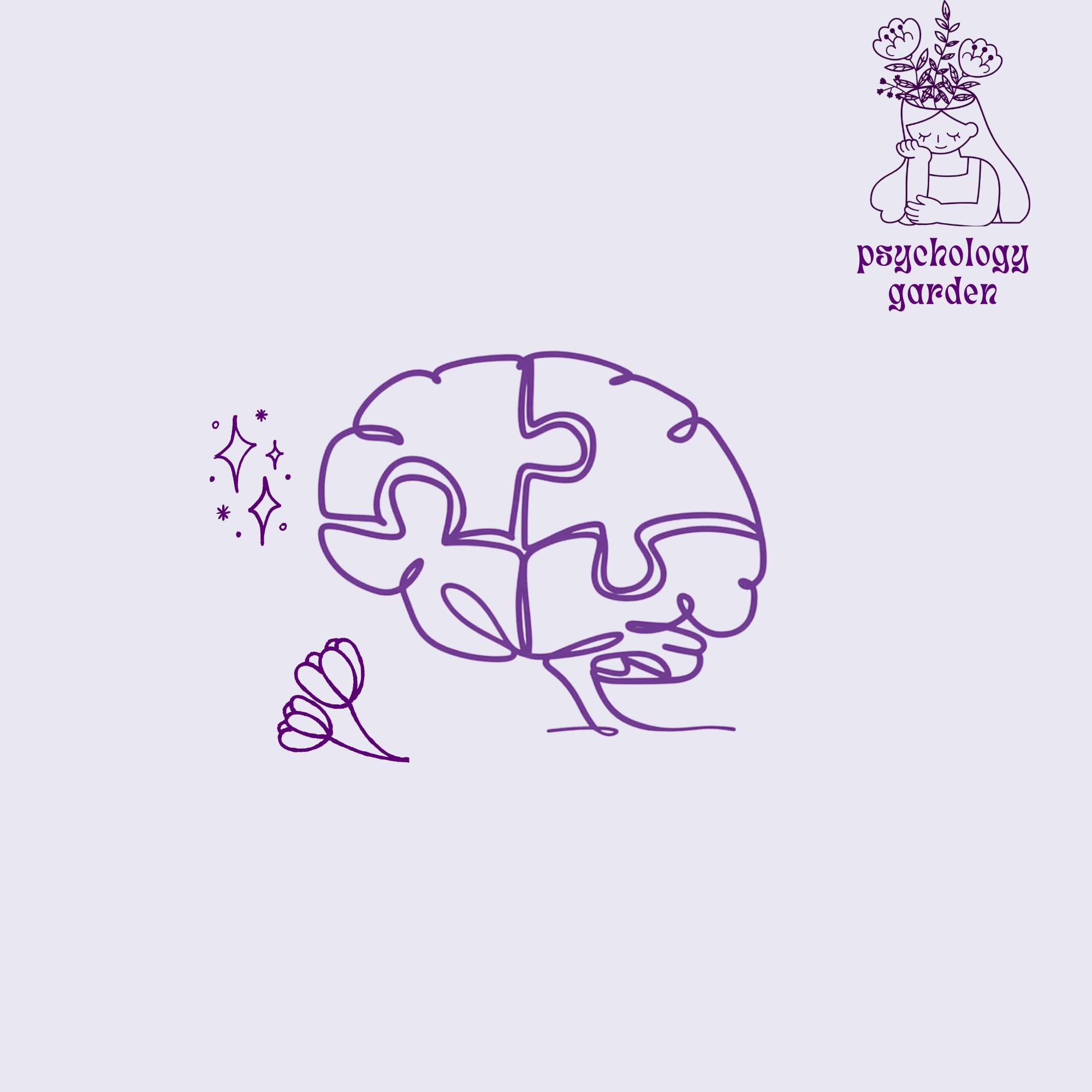 purple line art brain puzzle with flowers and psychology garden logo