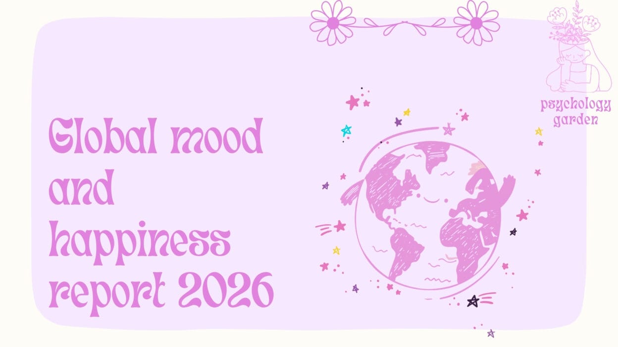 global mood and happiness report 2026 featured image with pastel purple background, pink doodle globe, stars, flowers, and psychology garden logo
