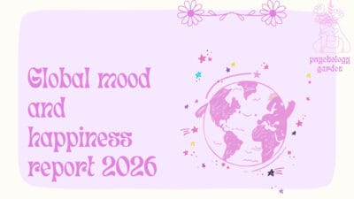 global mood and happiness report 2026 featured image with pastel purple background, pink doodle globe, stars, flowers, and psychology garden logo