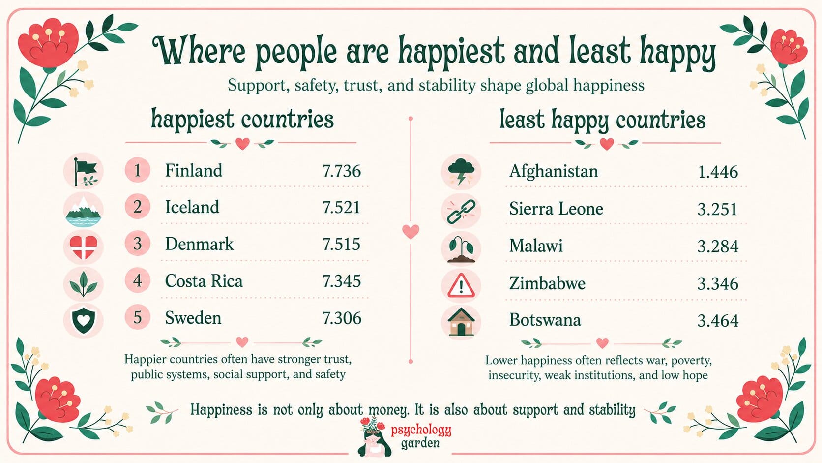 happiest and least happy countries in 2026 infographic comparing finland iceland denmark costa rica and sweden with afghanistan sierra leone malawi zimbabwe and botswana