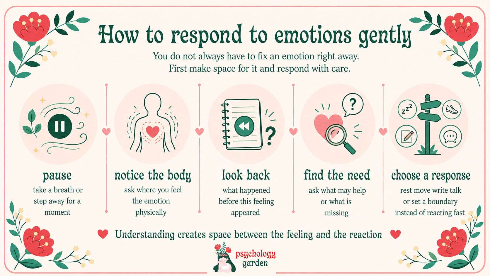 infographic showing gentle steps for responding to emotions, including pausing, noticing the body, looking back, finding the need, and choosing a caring response