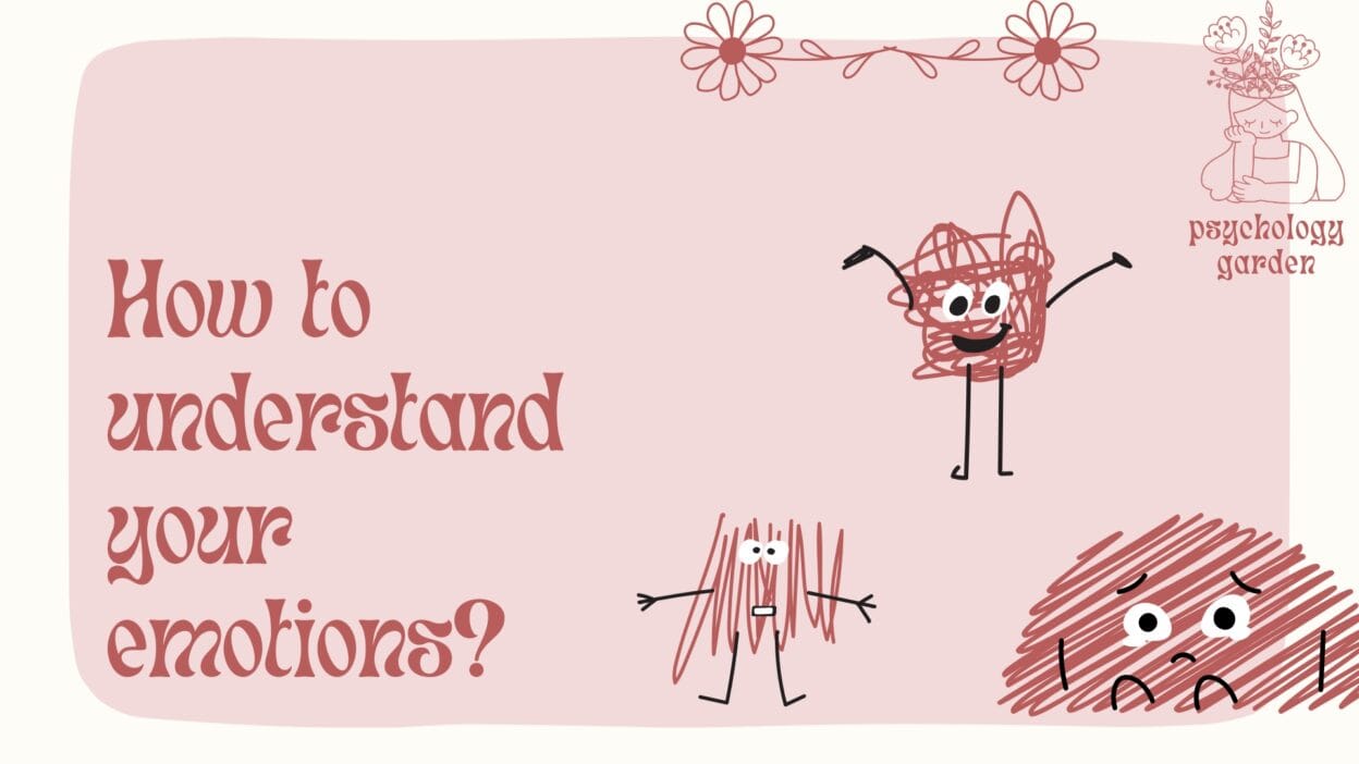 pink doodle-style featured image for how to understand your emotions with playful emotion characters and psychology garden logo