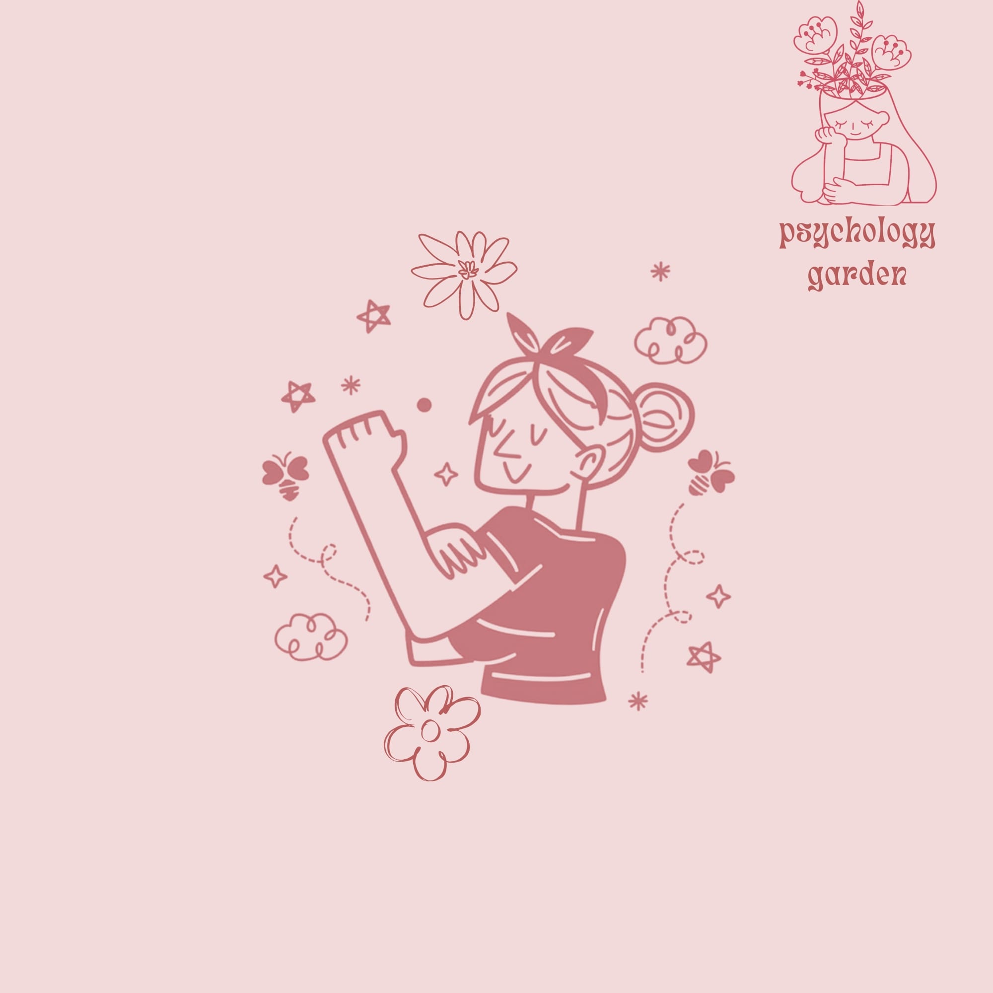 pink line art person stretching with flowers, bees, stars, and psychology garden logo
