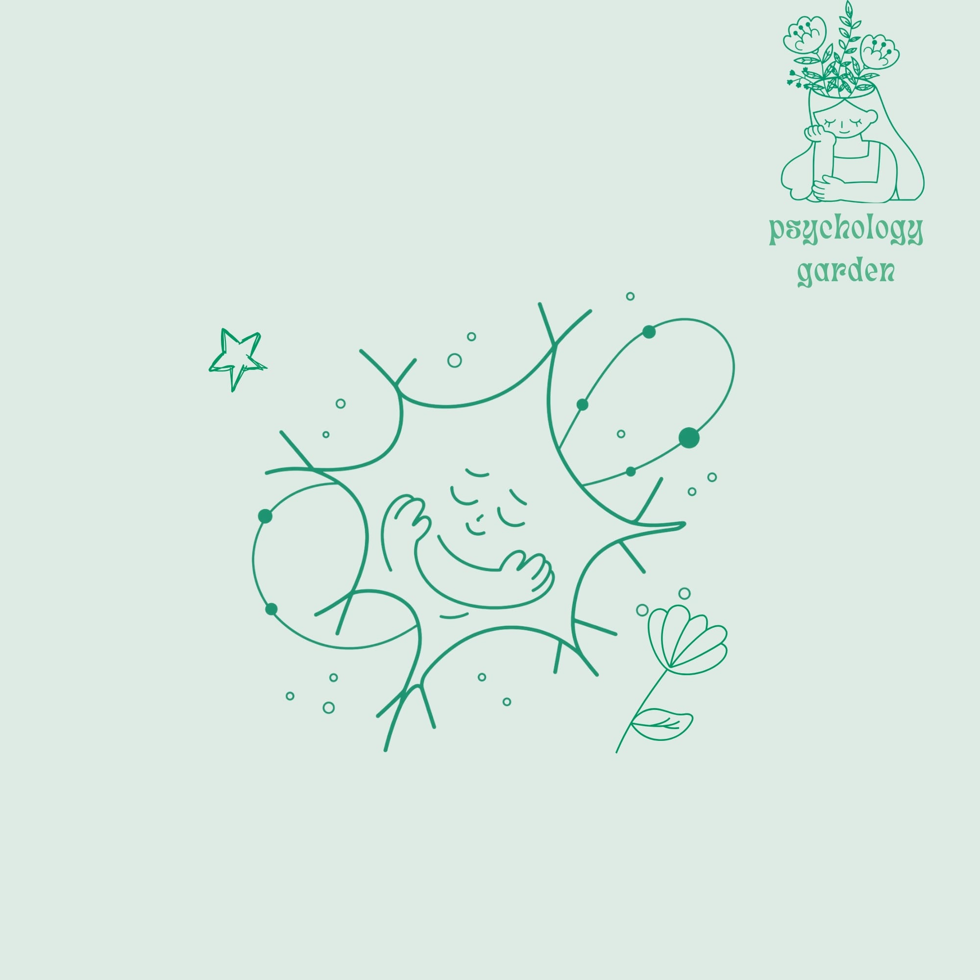 green line art neuron hugging itself with flower and psychology garden logo