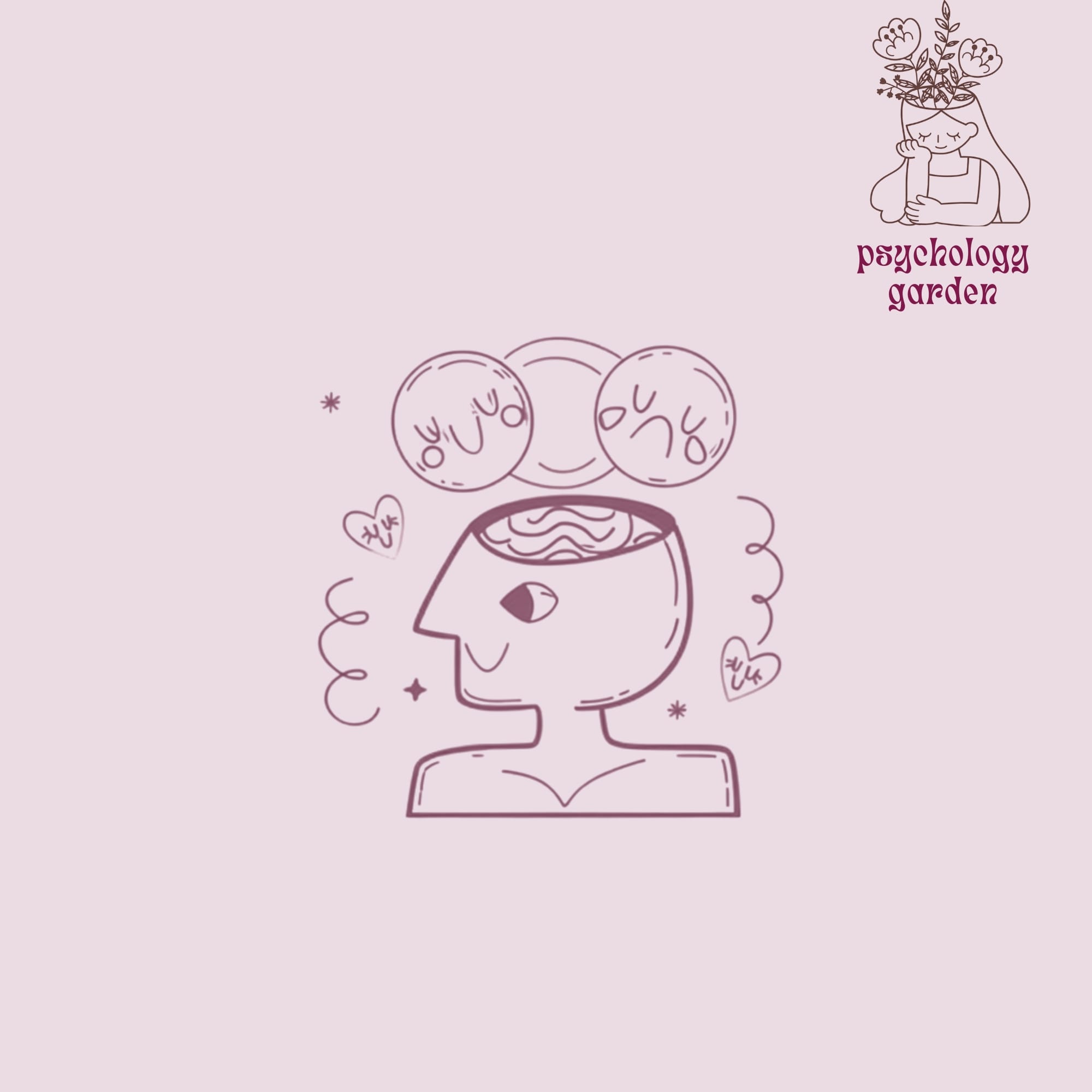 line art head with different facial expressions above the brain and psychology garden logo
