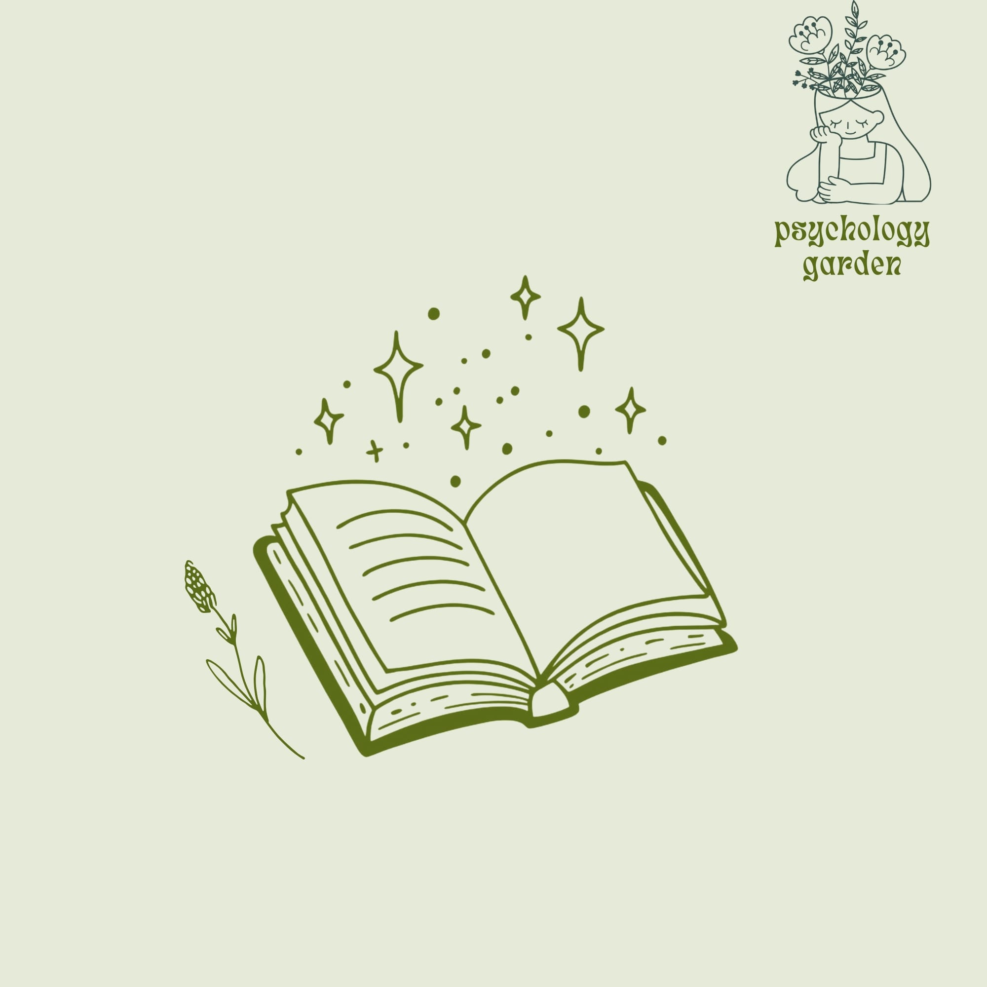 green line art open book with sparkles and psychology garden logo