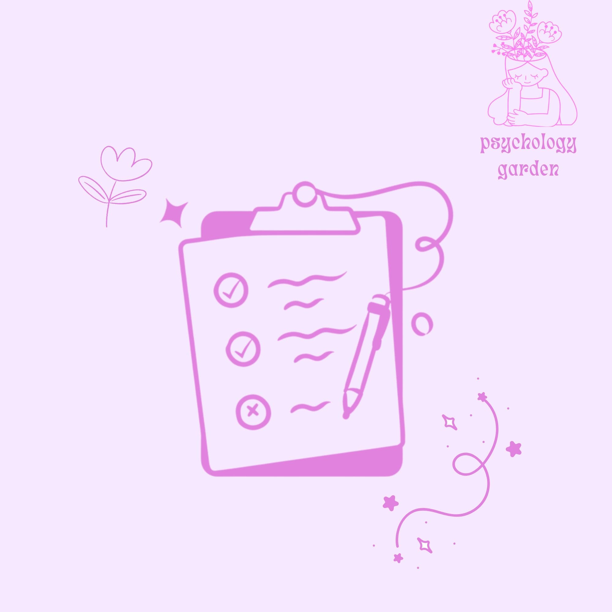 soft purple psychology research category illustration with clipboard, checklist, pencil, flowers, stars, and psychology garden logo