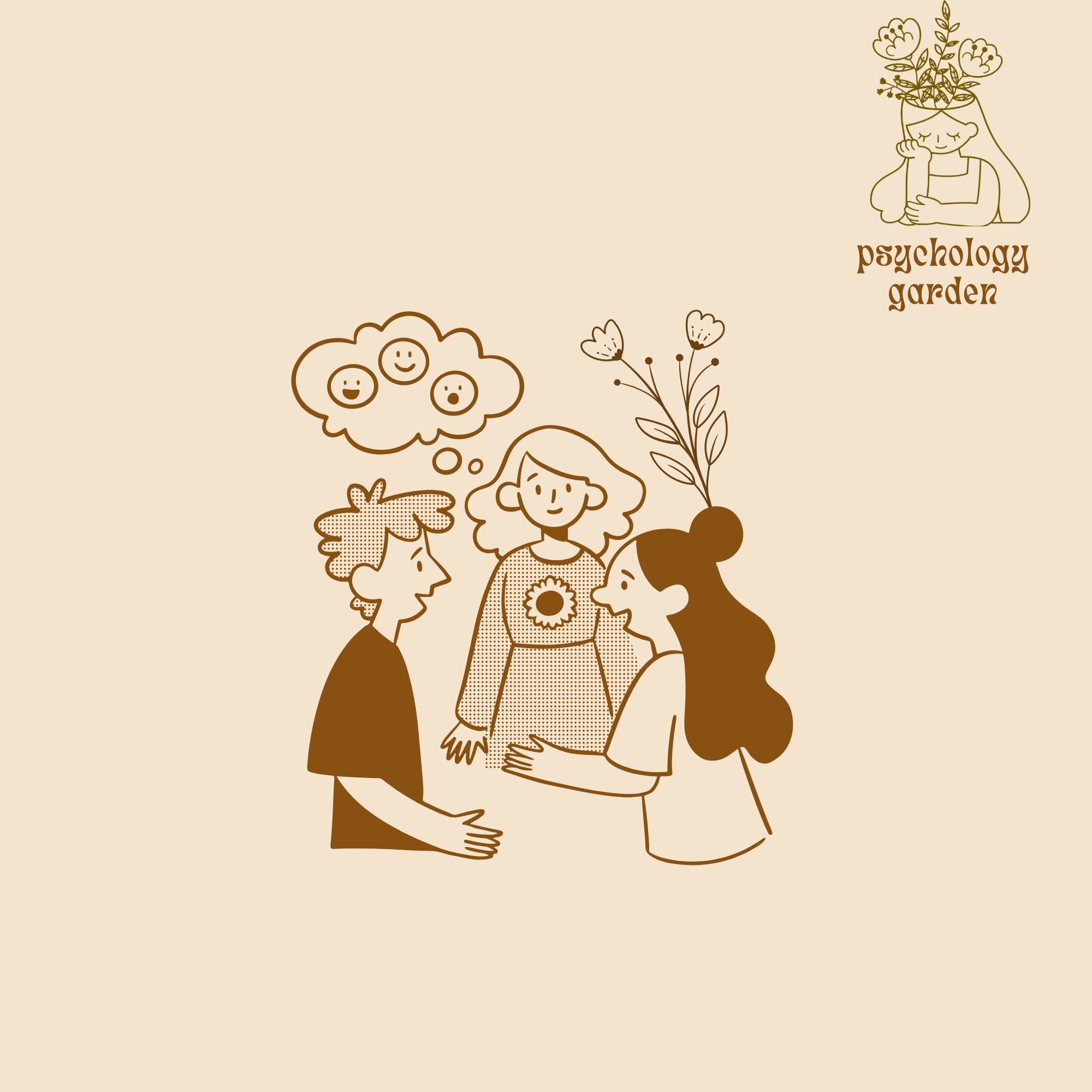 brown line art group of people talking with emotion thought bubble and psychology garden logo