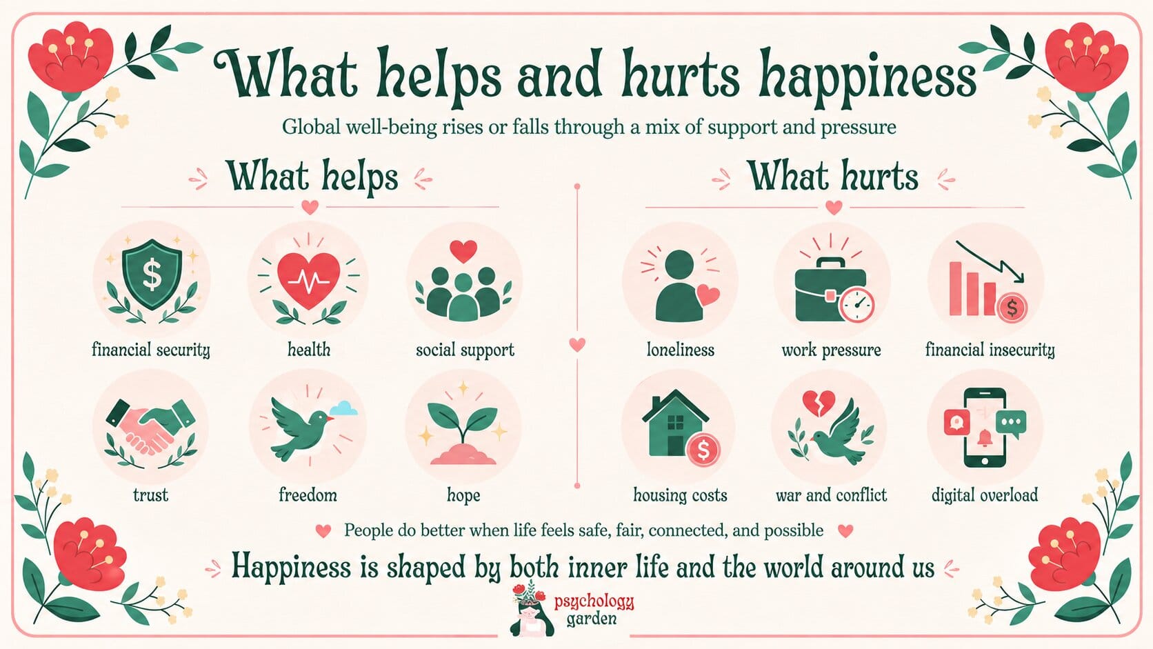 what helps and hurts happiness infographic showing financial security health social support trust freedom hope loneliness work pressure financial insecurity housing costs war and digital overload