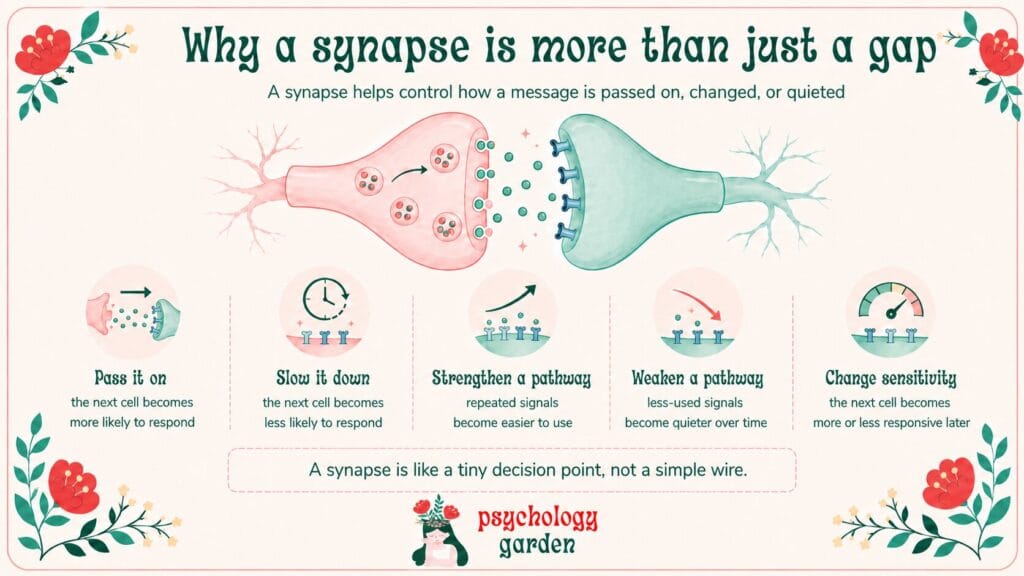 infographic explaining why a synapse is more than just a gap, showing how it can pass on, slow down, strengthen, weaken, or change the sensitivity of neural messages