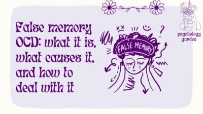 false memory OCD illustration showing a woman overwhelmed by intrusive thoughts, with the words “false memory” across her forehead