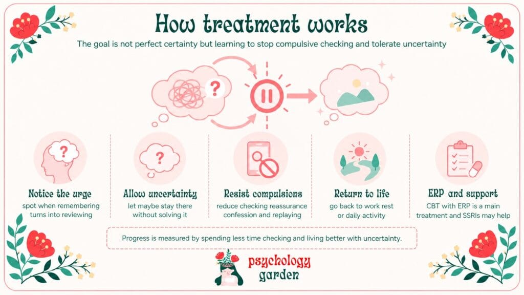 false memory OCD treatment infographic showing uncertainty acceptance, resisting compulsions, returning to daily life and ERP support