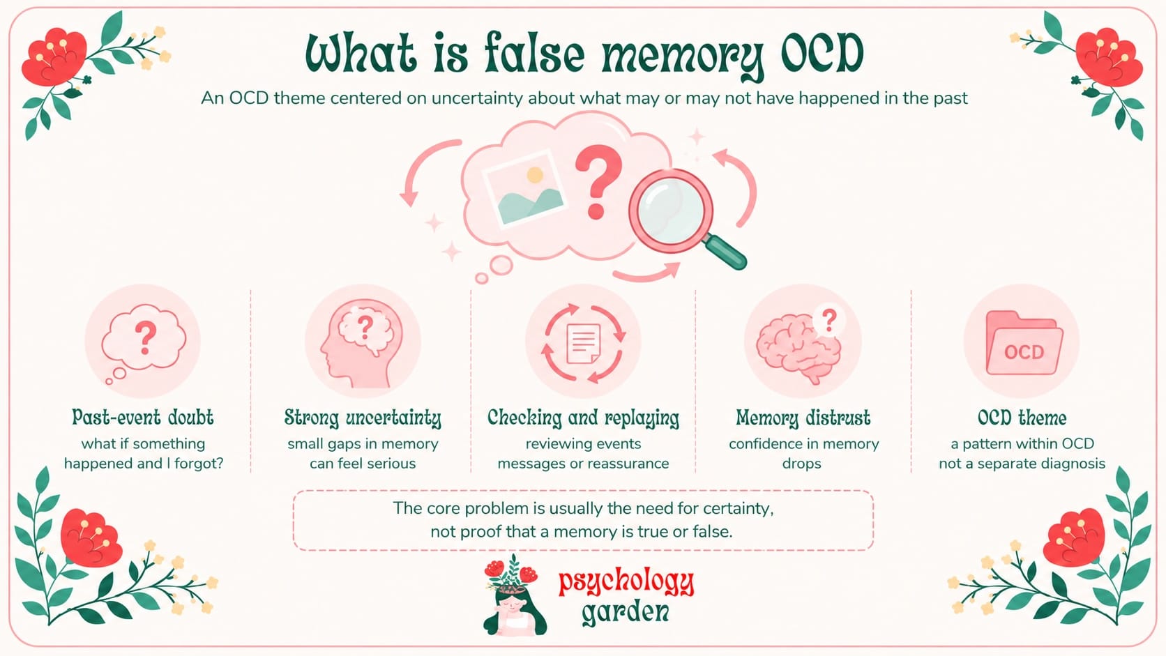 false memory OCD infographic showing past-event doubt, uncertainty, checking, memory distrust and OCD patterns
