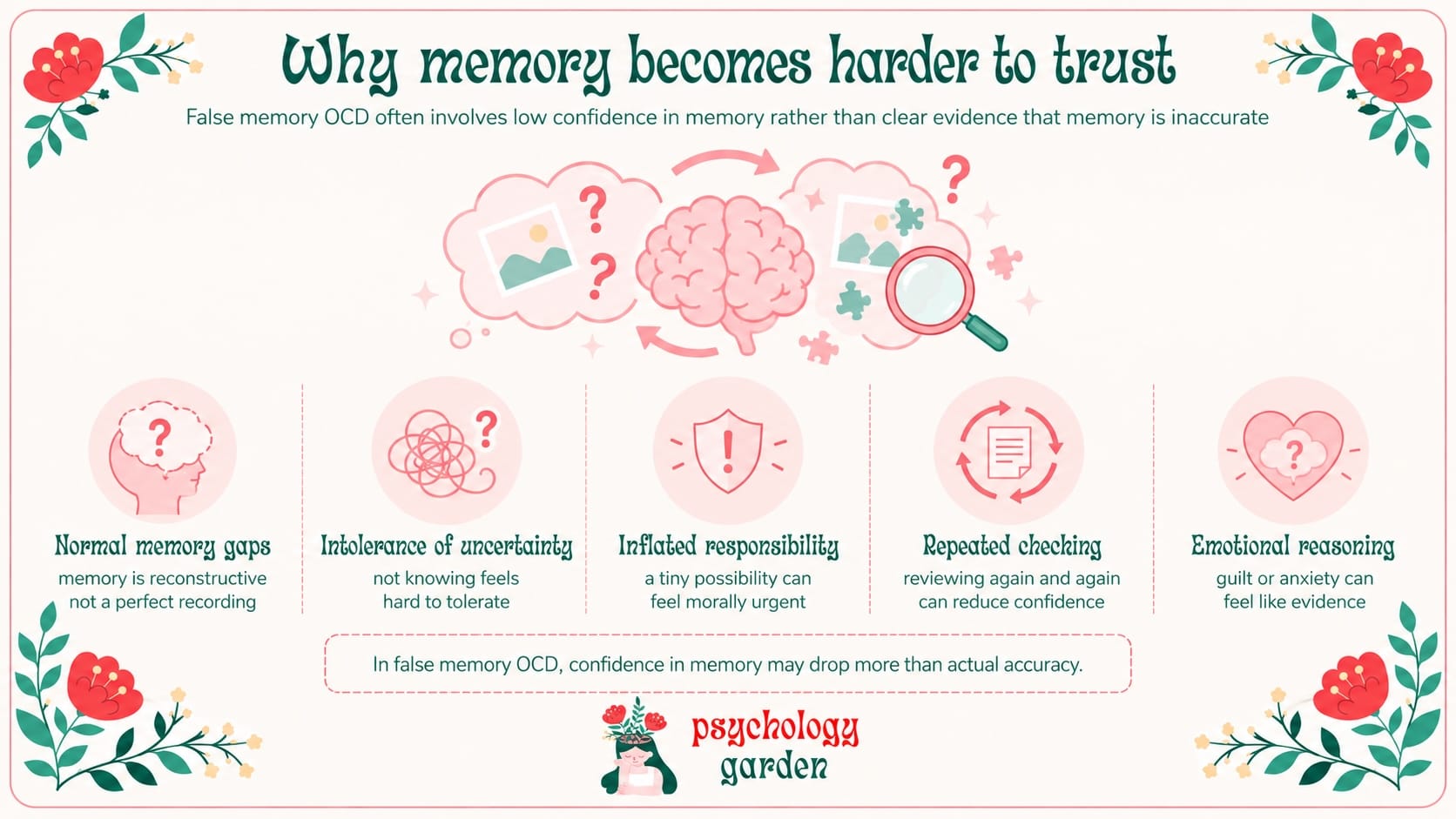 false memory OCD infographic showing memory gaps, uncertainty, responsibility, repeated checking and emotional reasoning